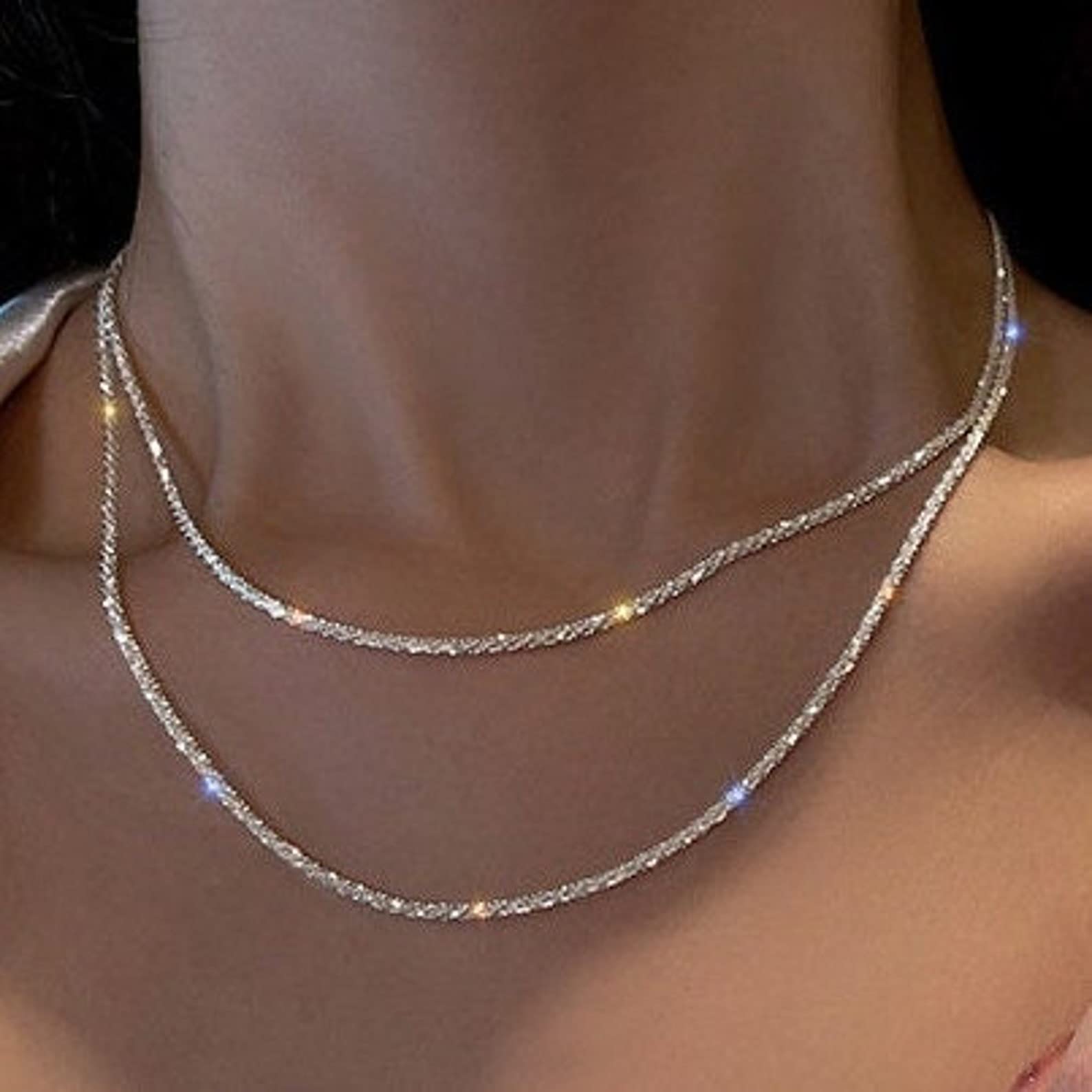 Feskive Layered Necklaces for Women Silver Plated Dainty Snake Twist Rope Delicate Layered Necklace Different Length Choker Necklaces Silver Jewelry for Women