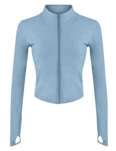 yeokou womens active zip up running workout cropped bbl athletic jacket with thumb holes(blue-l)