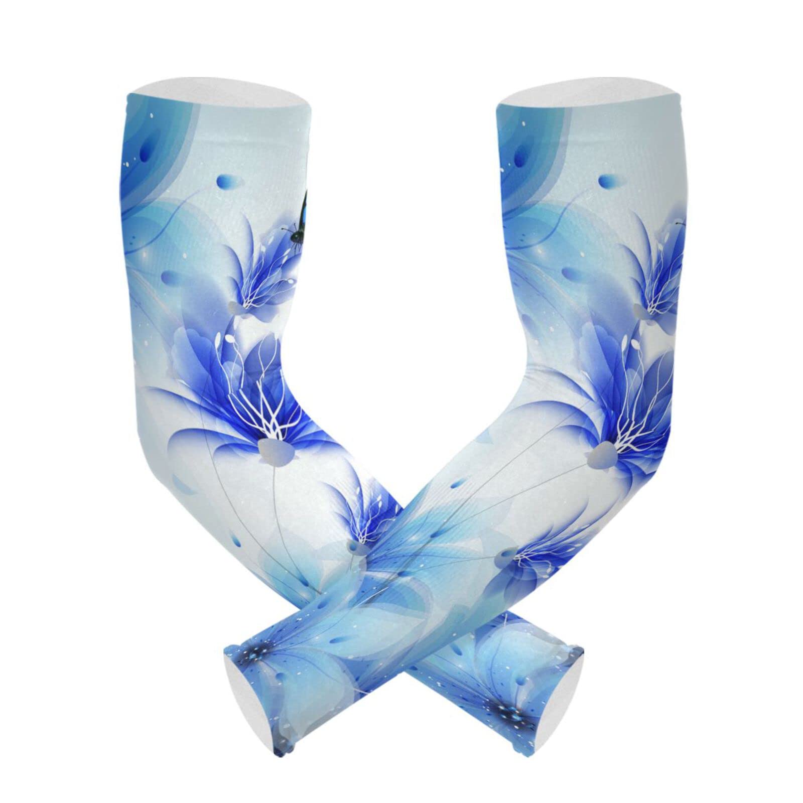 Dussdil Blue Lilies Butterflies Gardening Arm Sleeves Floral Leaves Farm UV Sun Protection Cooling Arm Sleeves for Garden Farm Women Men with Thumb Hole