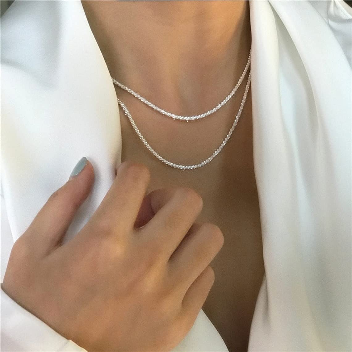 Feskive Layered Necklaces for Women Silver Plated Dainty Snake Twist Rope Delicate Layered Necklace Different Length Choker Necklaces Silver Jewelry for Women