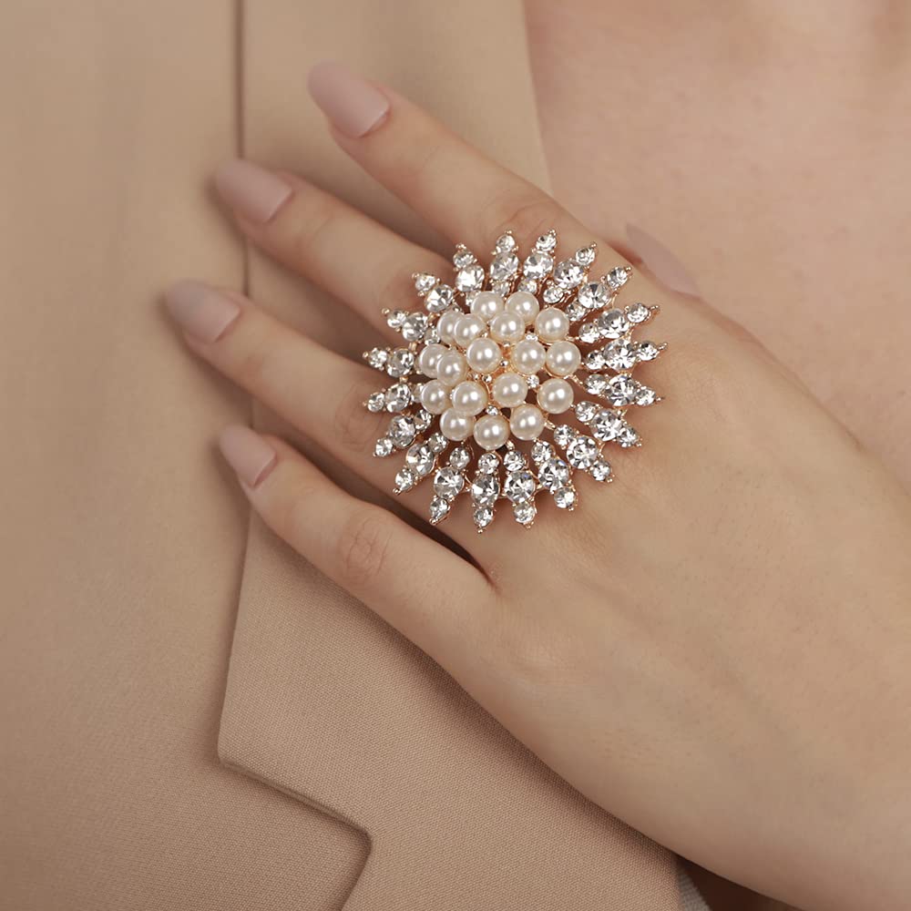 YERTTER Vintage Gold Round Pearl Ring Wide Ethnic Style Women Statement Ring Rhinestone Exaggerated Cocktail Ring Vintage Rhinestone Ring for Wedding Women Girls (Gold）