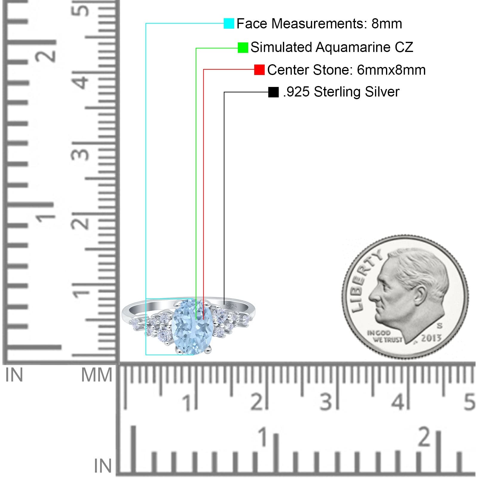 OMRANII Simulated Aquamarine CZ Size-9 Oval Art Deco Bridal Wedding Engagement Ring Round CZ 925 Sterling Silver