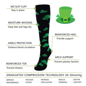 Junely St Patricks Day Compression Socks for Women Shamrock Knee High Socks for Running Work Support Nurses Pregnancy Travel Sports Swelling Green