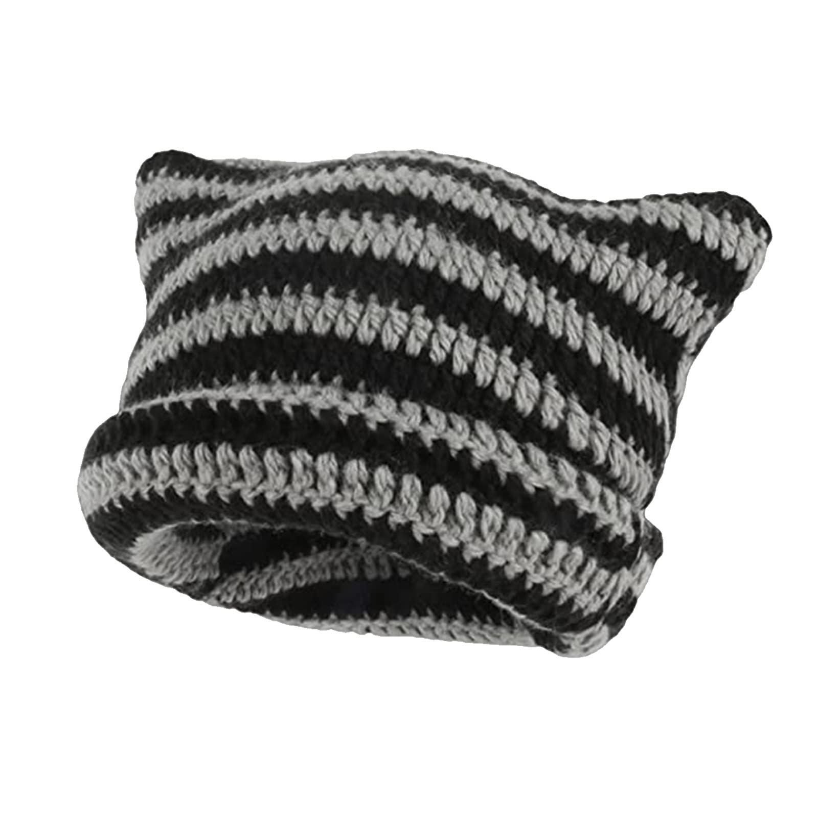 Cat Ear Beanie for Women Knitted Crochet Fox Hat with Striped Winter Cap Y2K Accessories Grunge Goth Slouchy Beanies Black