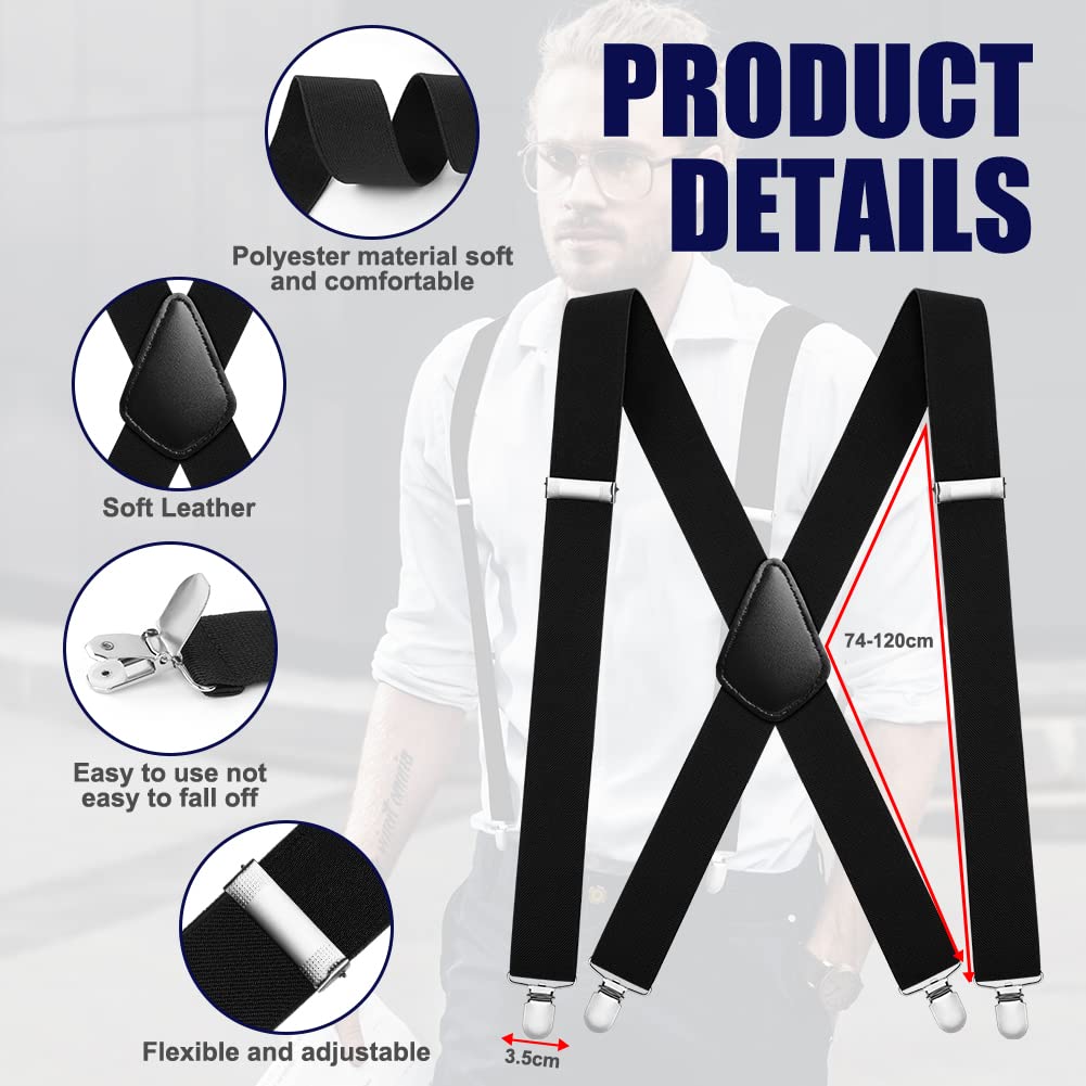 AOMIG Mens Braces, X Shape Mens Suspenders with 4 Strong Metal Clips, 3.5cm Wide Heavy Duty Suspenders, Adjustable Elastic Suspenders Trousers Braces for Graduation Business Party Gifts（Black）