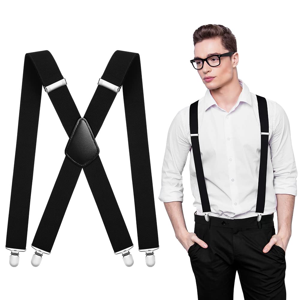 AOMIG Mens Braces, X Shape Mens Suspenders with 4 Strong Metal Clips, 3.5cm Wide Heavy Duty Suspenders, Adjustable Elastic Suspenders Trousers Braces for Graduation Business Party Gifts（Black）