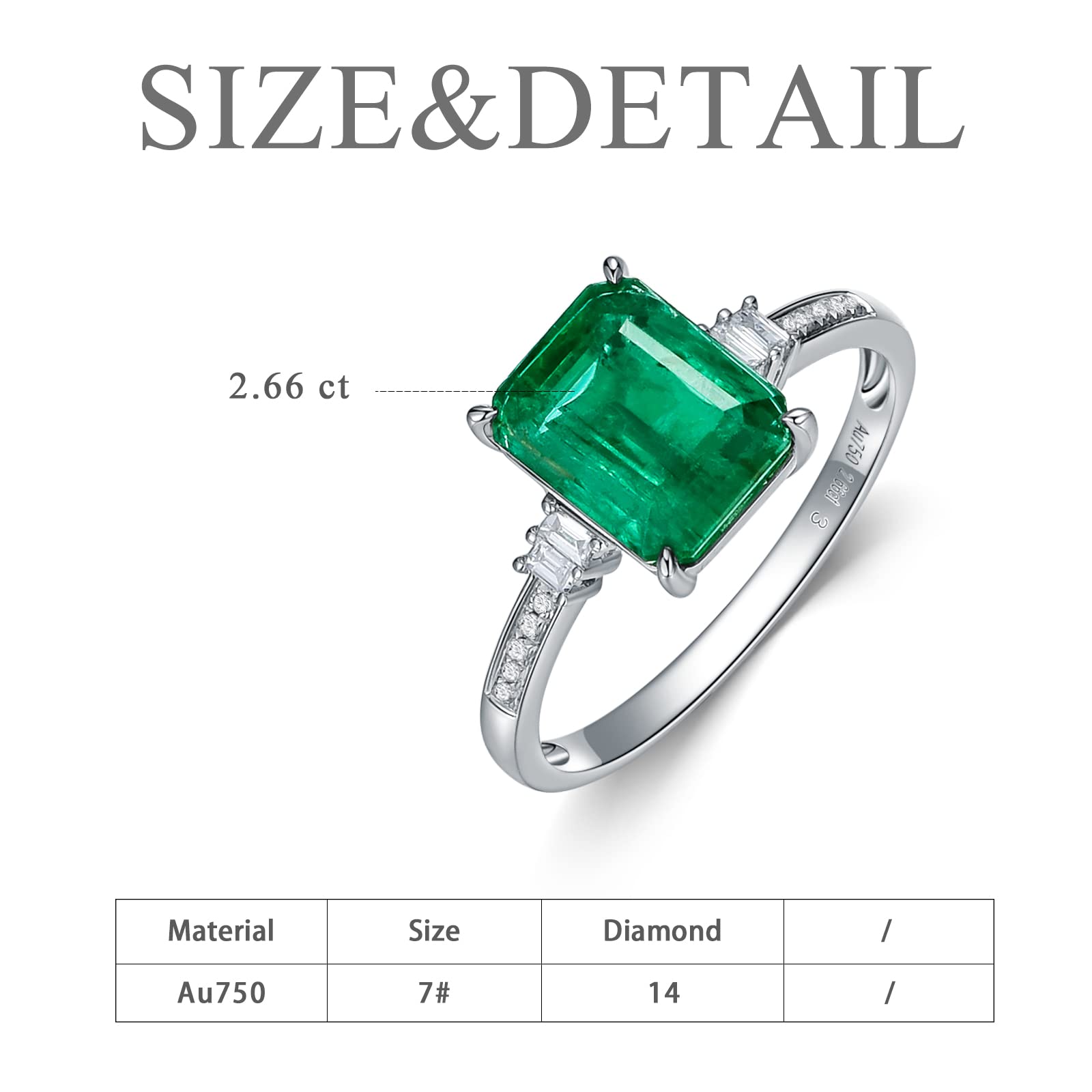 MOLICACI 18K White Gold 2.66 CT Natural Green Emerald Ring, Certified Emerald with Diamonds 5 Stones Engagement Wedding Ring for Women, US Size 7