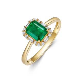 MOLICACI 18K Yellow Gold 1.05 CT Natural Green Emerald Ring, Certified Emerald with Diamonds Halo Set Engagement Wedding Ring for Women, US Size 7