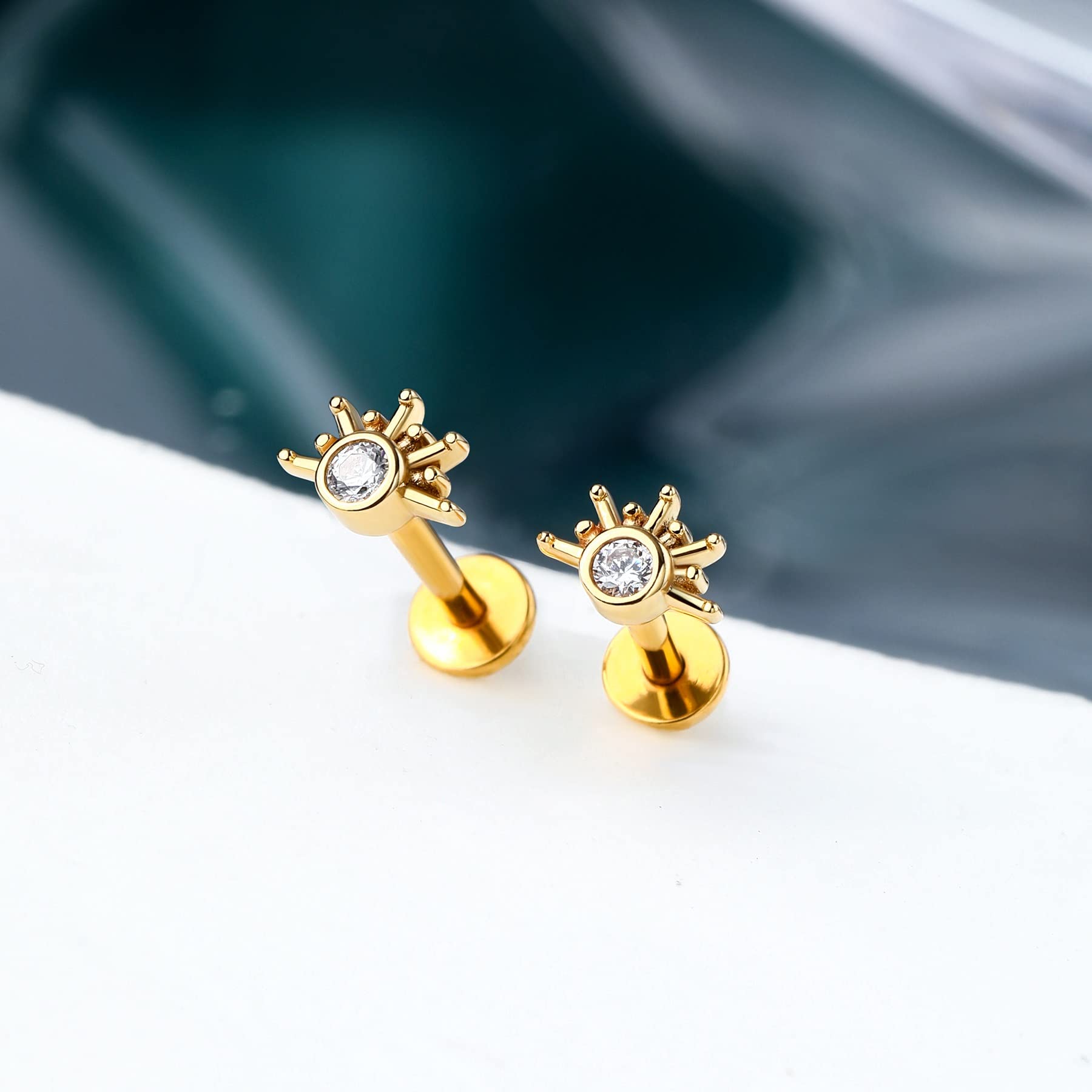 COCHARM 14K Solid Gold Sun Tragus Earring Studs 16g Flat Back Tragus Piercing Threadless Posh in Helix Stud 14K Solid Gold Helix Earrings Gold Helix Piercing Jewelry