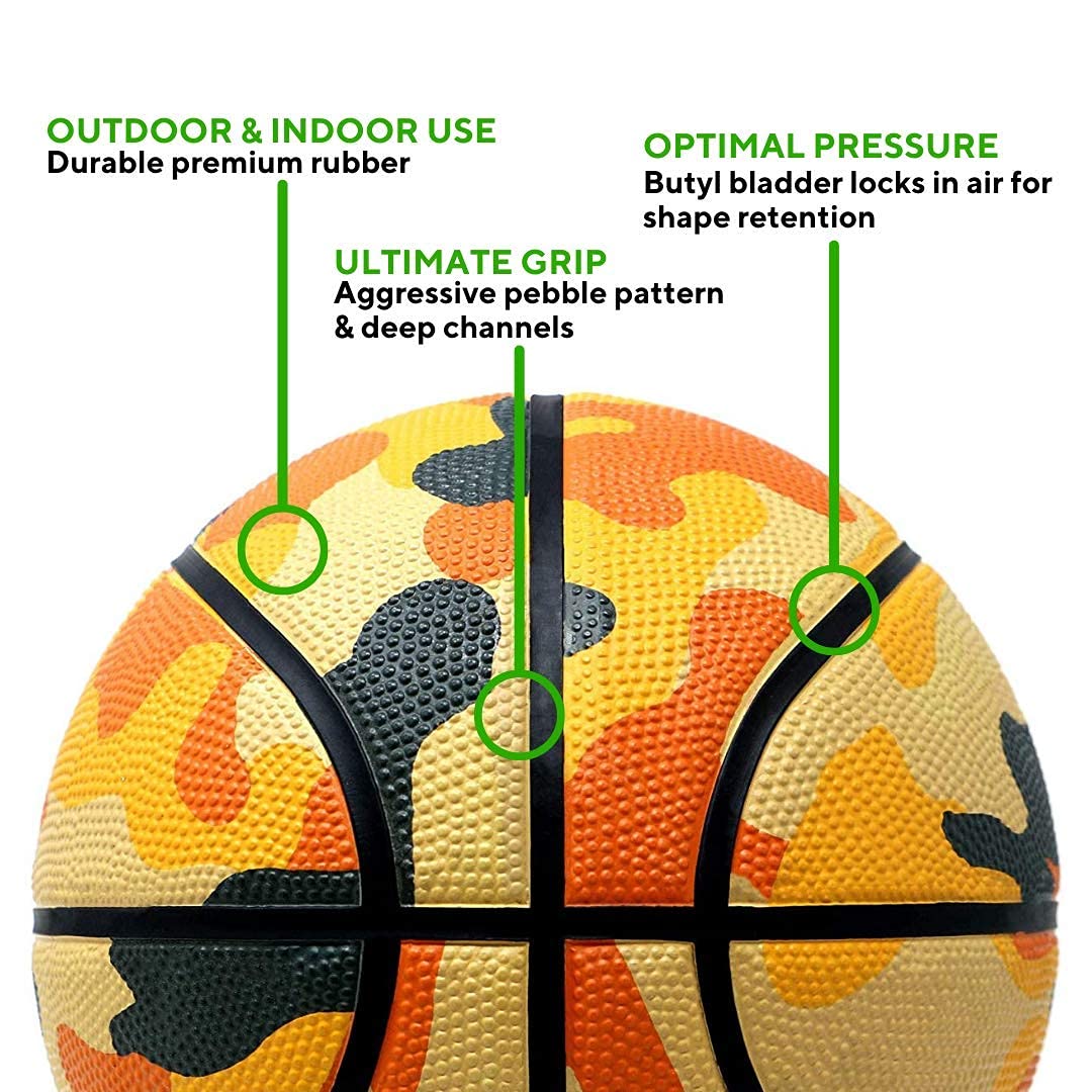 Chance Premium Rubber Outdoor/Indoor Basketball (7 Men's Official - 29.5", Pascal - Orange Camo) Standly The Ball Stand