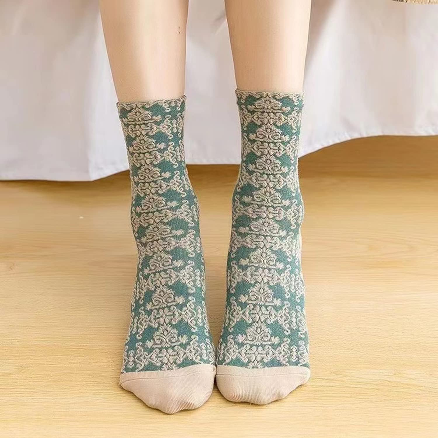 Oaiyeie 5 Pairs Womens Floral Cotton Socks,Floral Retro Style Novelty Cotton Socks,Winter Thickened Warm Women Vintage Socks (B)