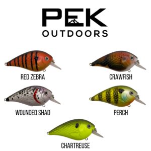 PEK Outdoors 5 Pack Super Square Bill Bass Crankbait Kit - Hard Fishing Lure Shallow Dive 2 to 6 Feet - for Bass, Pike, Walleye, and Other Fish