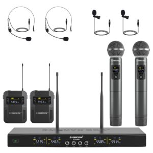 phenyx pro wireless microphone system, 4-channel wireless mic set with handheld/bodypack/headset/lapel mics, cordless microphone for singing, karaoke, church (ptu-5200-2h2b)