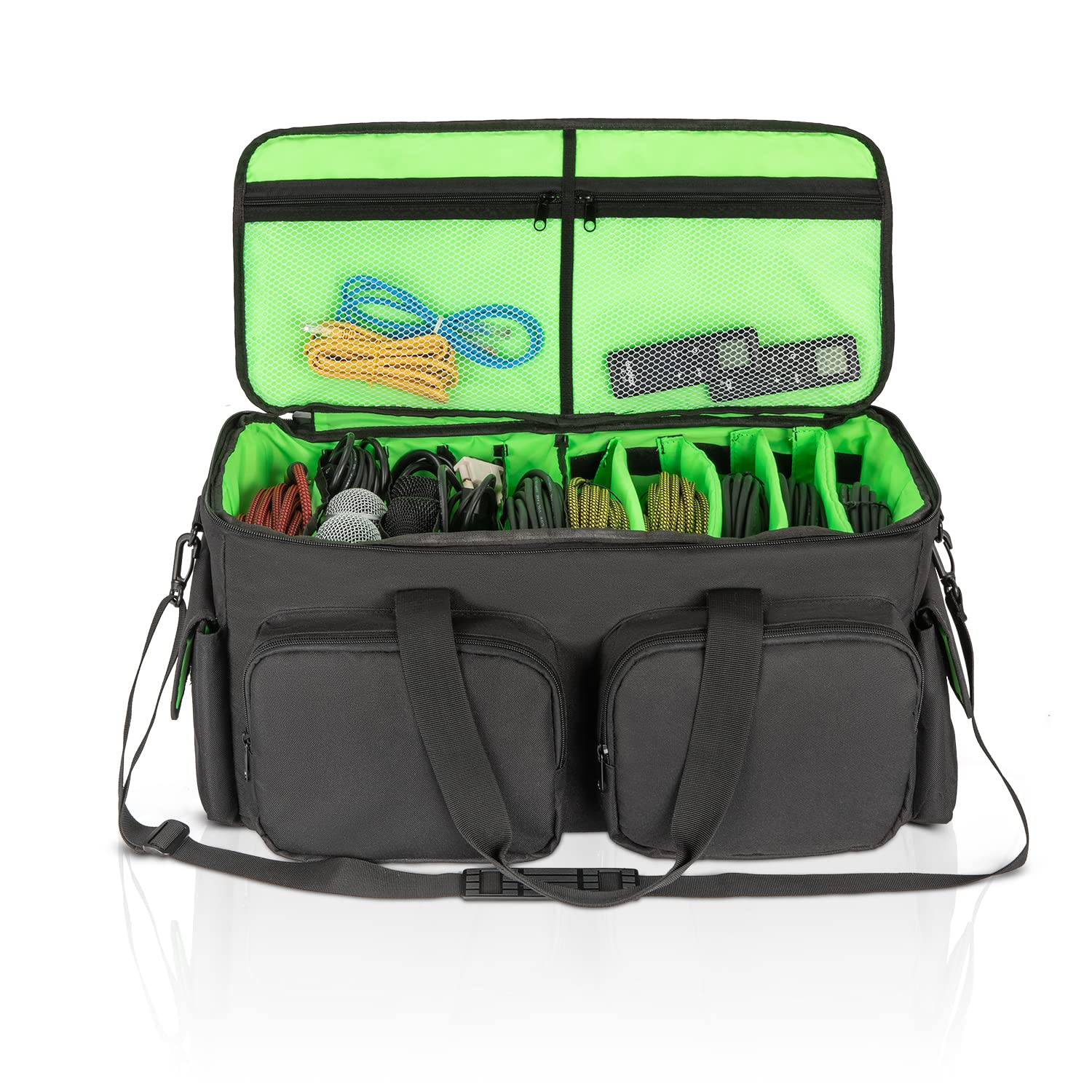 SAVIOUR DJ Cable File Bag, Detachable Padded Bottom and Adjustable Dividers, Stores Music, Audio, and Visual Cabling, Portable Travel Storage and Studio Organization (Green)