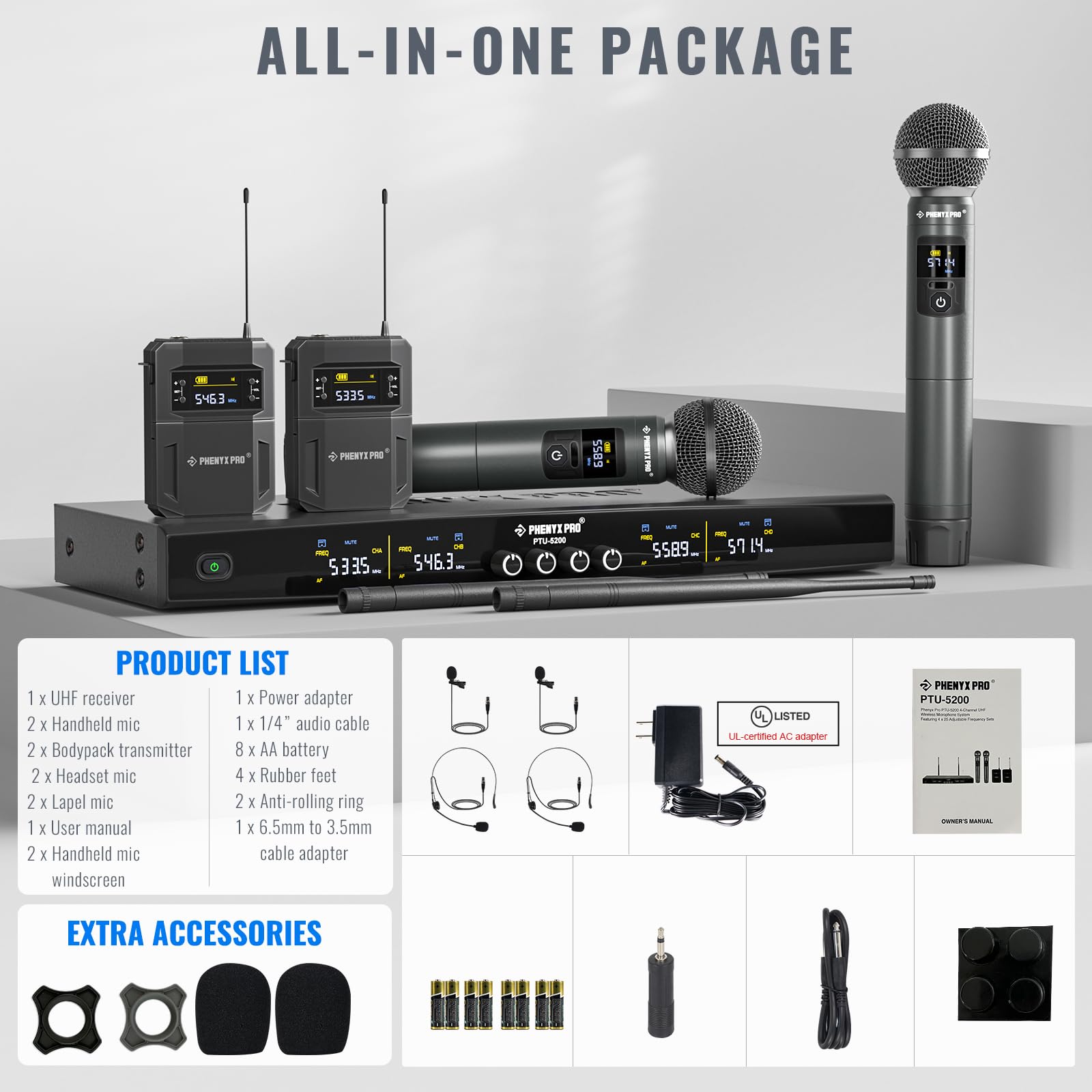 Phenyx Pro Wireless Microphone System, 4-Channel Wireless Mic Set with Handheld/Bodypack/Headset/Lapel Mics, Cordless Microphone for Singing, Karaoke, Church (PTU-5200-2H2B)