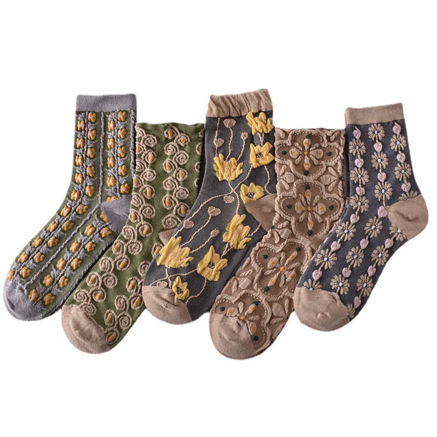 Oaiyeie 5 Pairs Womens Floral Cotton Socks,Floral Retro Style Novelty Cotton Socks,Winter Thickened Warm Women Vintage Socks (B)