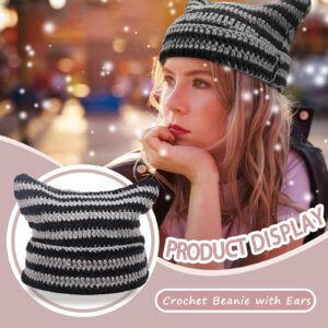 Cat Ear Beanie for Women Knitted Crochet Fox Hat with Striped Winter Cap Y2K Accessories Grunge Goth Slouchy Beanies Black