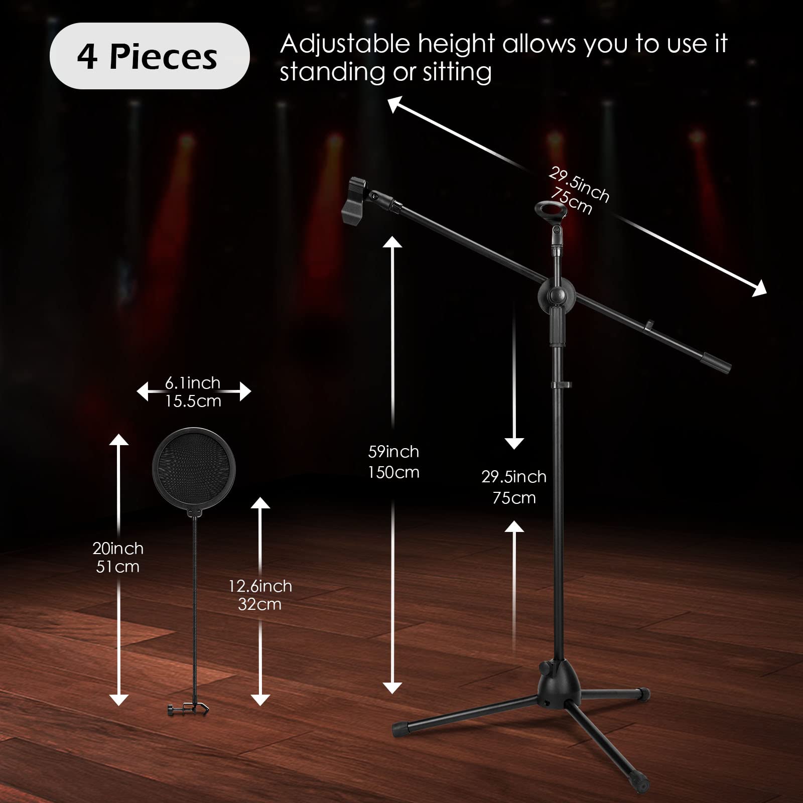 4 Pcs Tripod Microphone Stand Adjustable Boom Height Mic Stand with Mic Clip and Windscreen Collapsible Overhead Boom Stand for Live Stream, Singing, Stage Performance, Studio, Max Height 60 Inch