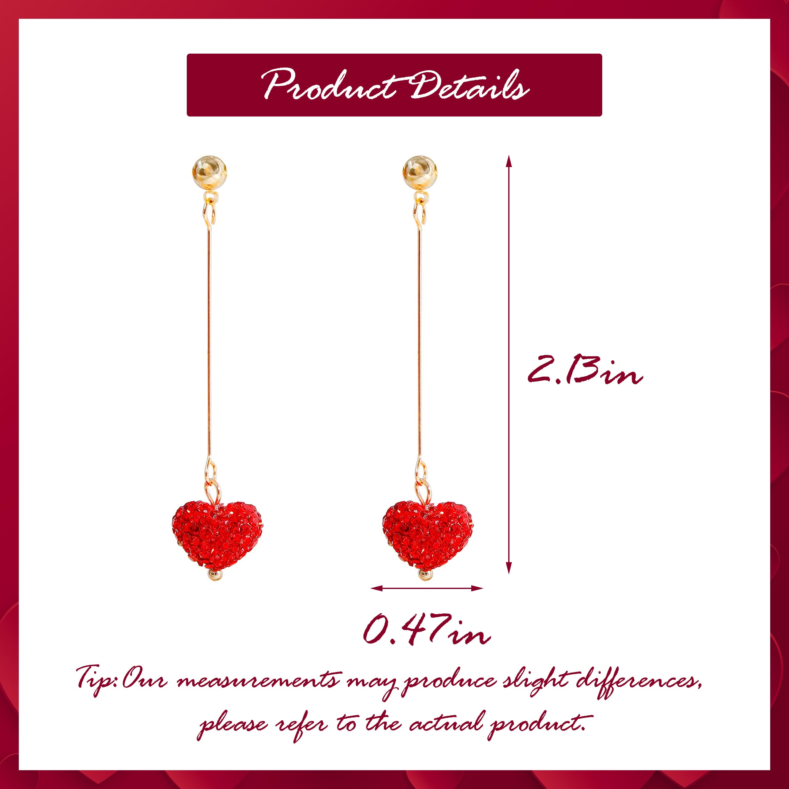 Red Heart Earrings for Women Rhinestone Heart Dangle Earrings Long Chain Heart Earrings for Her Valentines Day Accessories Christmas Gifts 2024