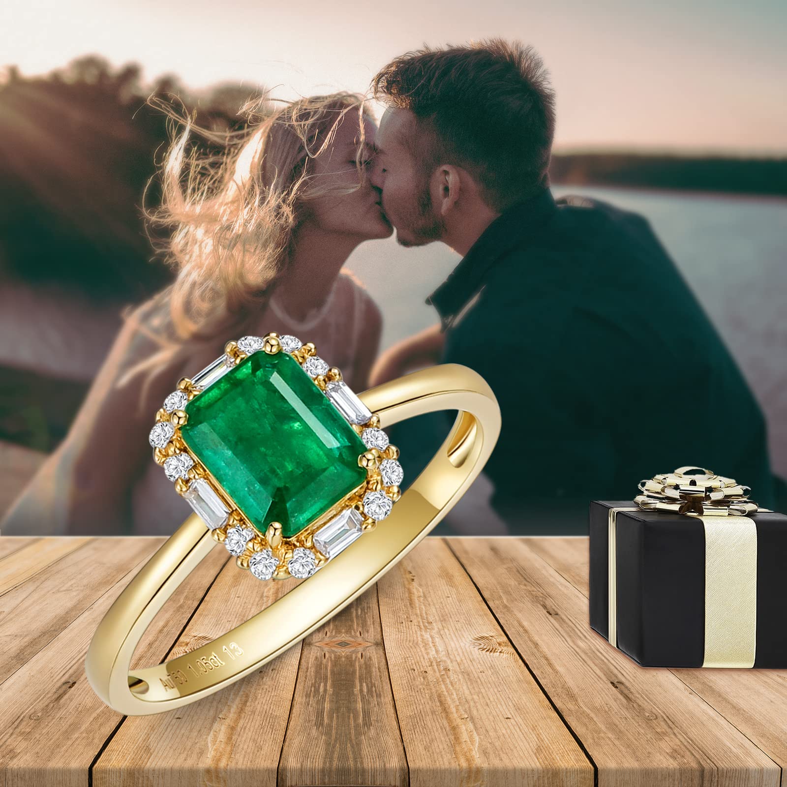 MOLICACI 18K Yellow Gold 1.05 CT Natural Green Emerald Ring, Certified Emerald with Diamonds Halo Set Engagement Wedding Ring for Women, US Size 7