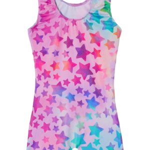 TENVDA 3 Pack Girls Leotards for Gymnastics Size 8 9 Years Old Sparkly Hot Pink Rainbow Star Tumbling Biketard with Shorts Unitard for Little Kids