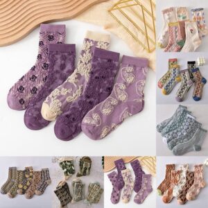 Oaiyeie 5 Pairs Womens Floral Cotton Socks,Floral Retro Style Novelty Cotton Socks,Winter Thickened Warm Women Vintage Socks (B)