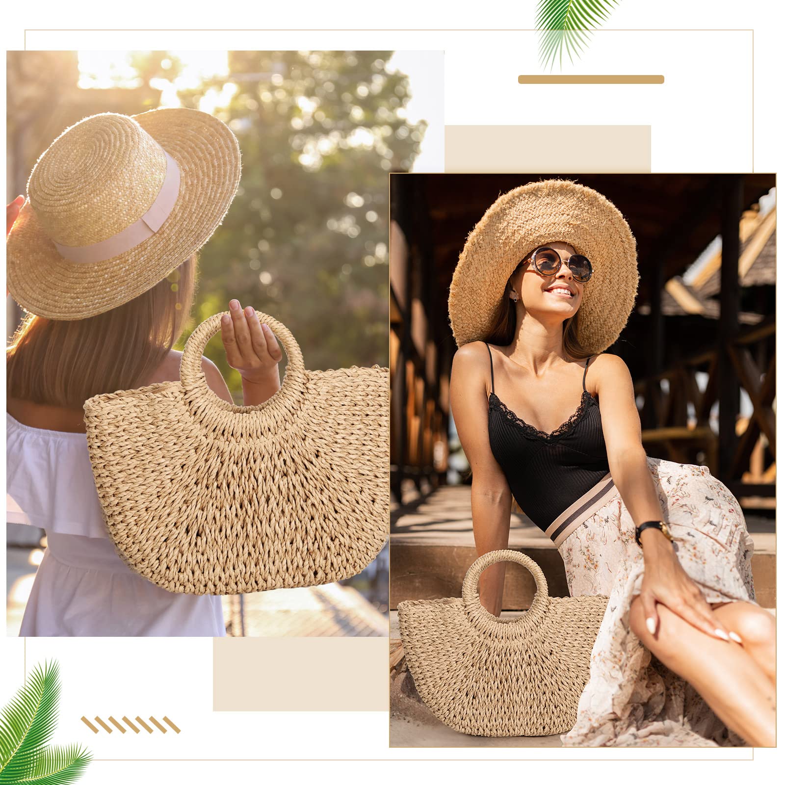 Mixweer 4 Pcs Straw Bag for Women Summer Travel Rattan Woven Raffia Beach Handbags Handle Big Capacity Tote Clutch Bags 2024(14.96 x 3.15 x 11.42 Inch, Classic)