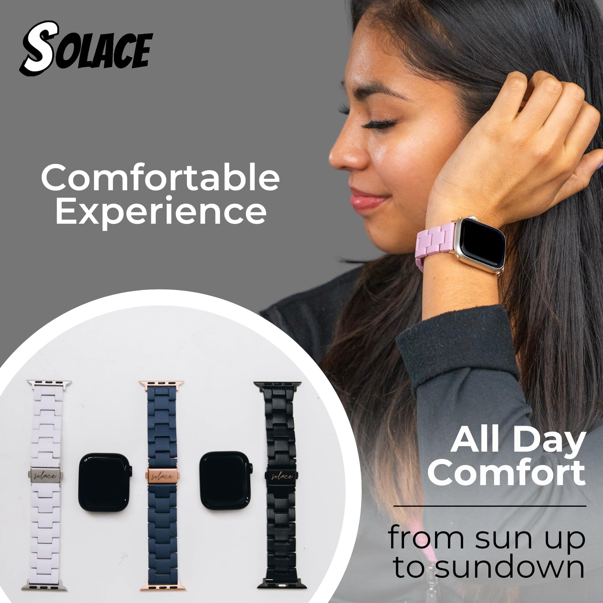 Solace Bands Lightweight Perma Watch Band - Compatible with Apple Watch Bands for Women and Men, iWatch Bands for 38mm 40mm 41mm 42mm 44mm 45mm 49mm Ultra, SE and Series 8 7 6 5 4 3 2 1 (Matte Solid)