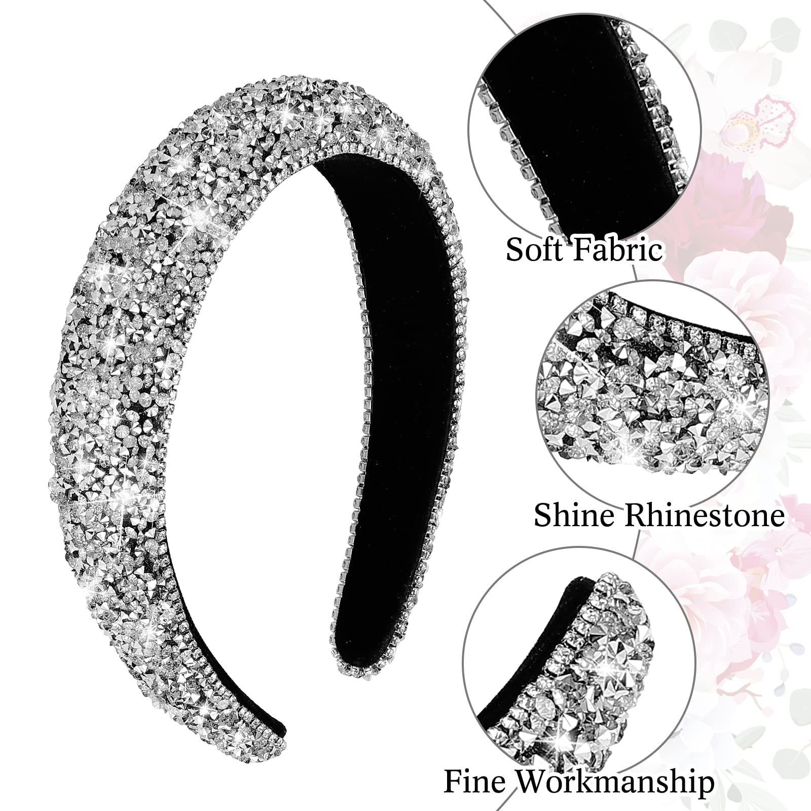 Sibba Rhinestone Headband Padded Hairbands Hair Hoops Accessories Crystal Beaded Jeweled Sparkle Wide Band Handmade Sequin Embellished Headpiece Headwear Easter Party for Women