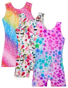 tenvda 3 pack girls leotards for gymnastics size 8 9 years old sparkly hot pink rainbow star tumbling biketard with shorts unitard for little kids