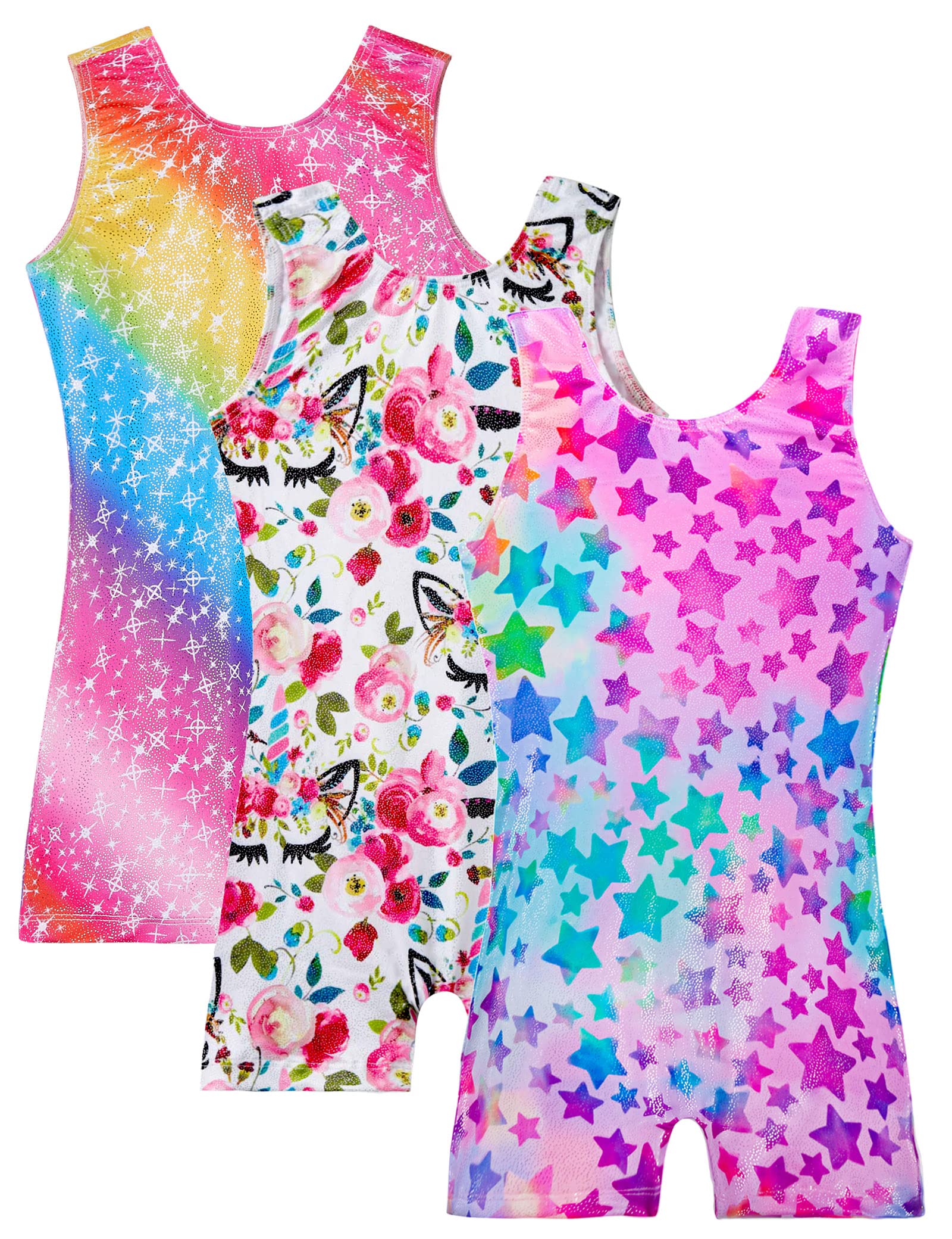 TENVDA 3 Pack Girls Leotards for Gymnastics Size 8 9 Years Old Sparkly Hot Pink Rainbow Star Tumbling Biketard with Shorts Unitard for Little Kids