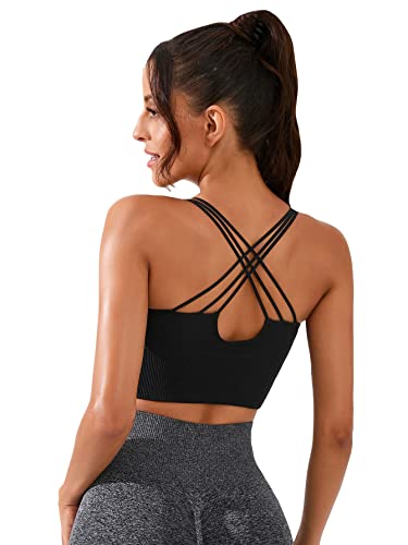 Milumia Women's Crisscross Back Workout Sports Bras Seamless Medium Support Yoga Bra Black Large