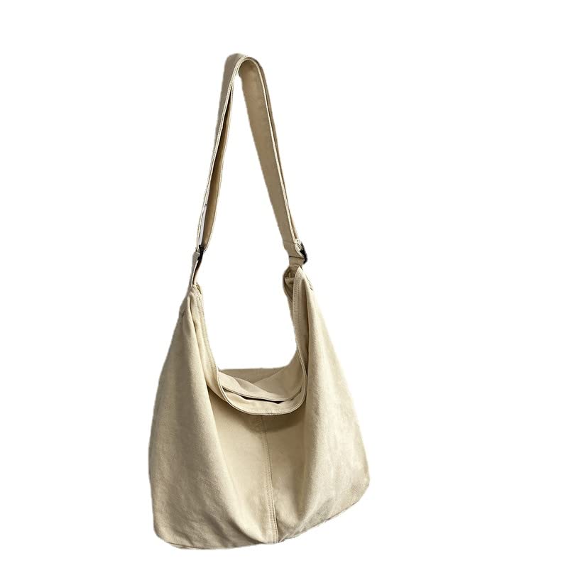 Women's Canvas Shoulder Bag Large Hobo Crossbody Bag Canvas Shoulder Tote Bag for Women and Men Canvas Messenger Bag (Beige White)