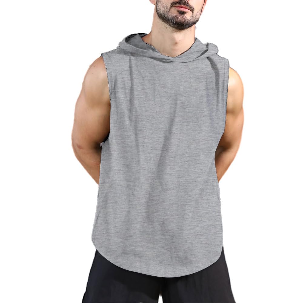 Men's Workout Hoody Tank Tops Athletic Training Bodybuilding Hoodie Shirts Cotton Gym Cut Off Sleeveless Muscle T-Shirt 05 Gray 2XL