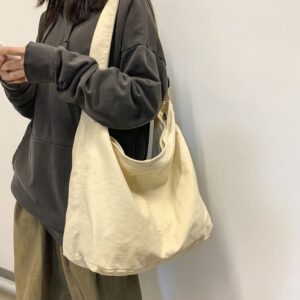 Women's Canvas Shoulder Bag Large Hobo Crossbody Bag Canvas Shoulder Tote Bag for Women and Men Canvas Messenger Bag (Beige White)