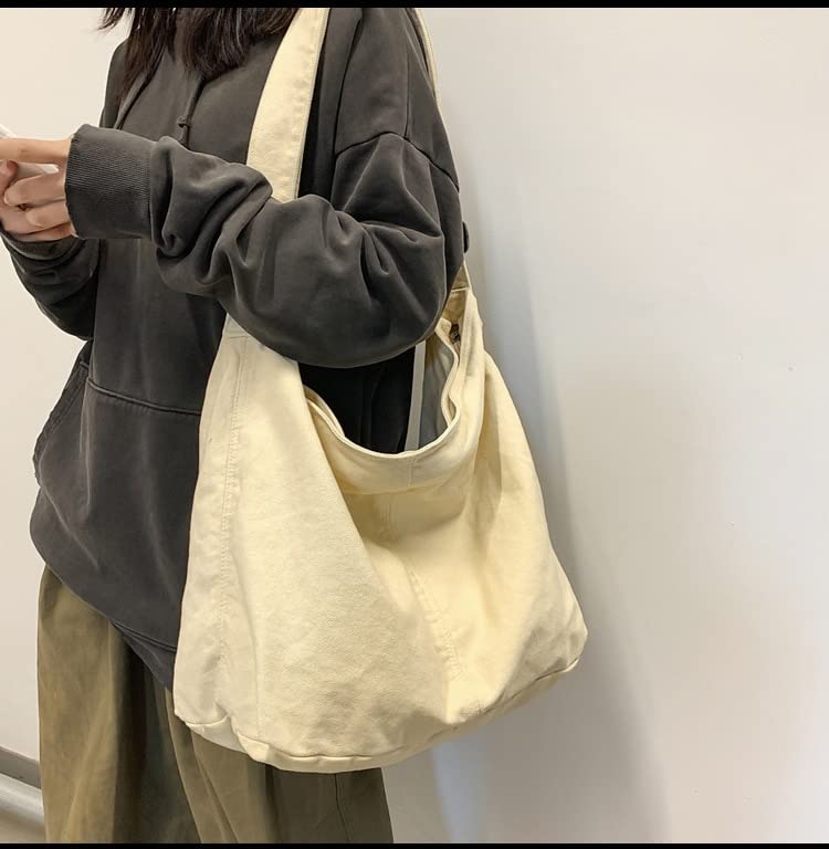 Women's Canvas Shoulder Bag Large Hobo Crossbody Bag Canvas Shoulder Tote Bag for Women and Men Canvas Messenger Bag (Beige White)