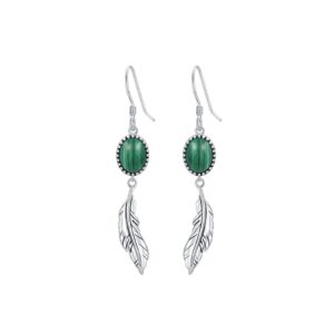 Feather Earrings Genuine Malachite Dangle Hook Earrings Sterling Silver Native American Jewelry for Women Valentine Gift