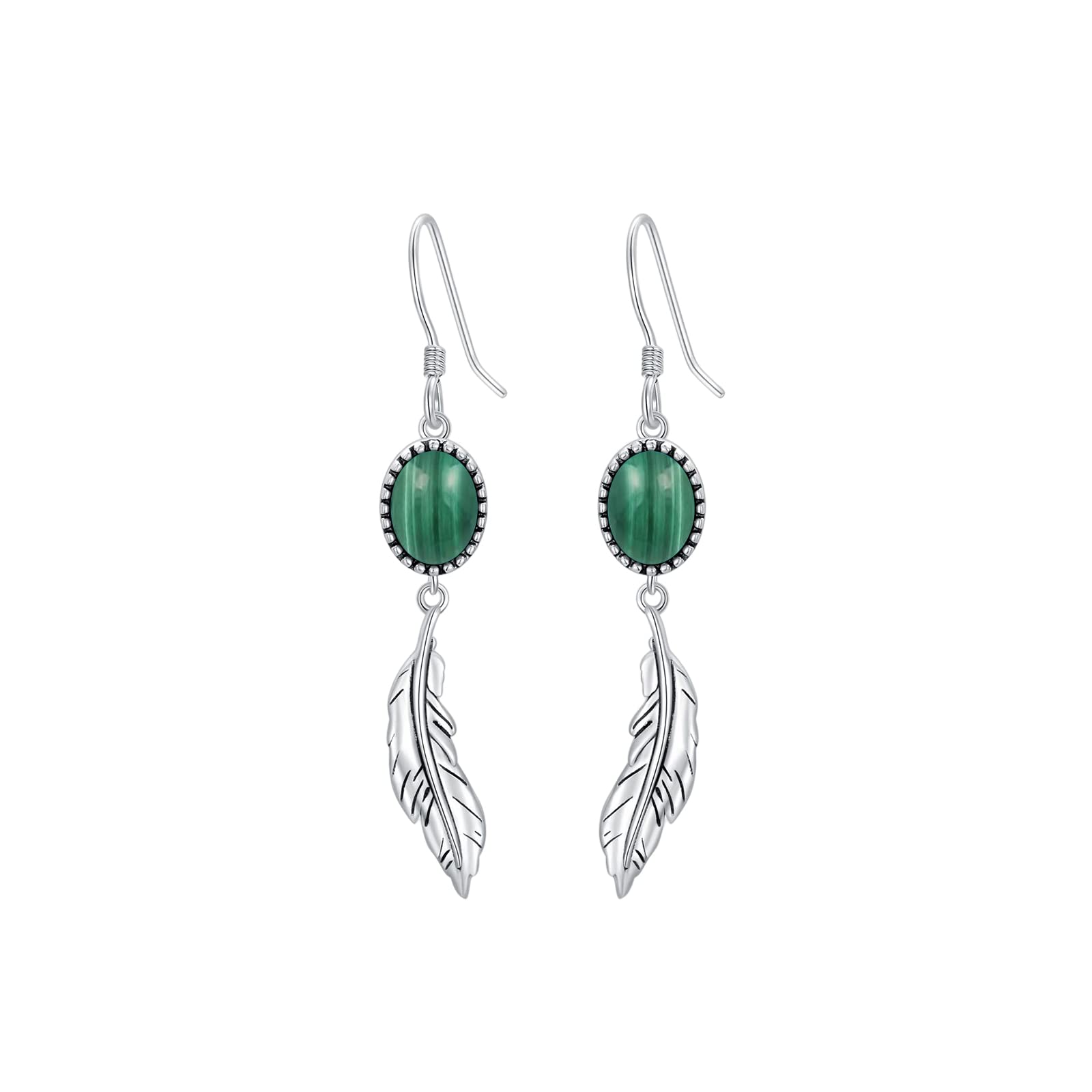 Feather Earrings Genuine Malachite Dangle Hook Earrings Sterling Silver Native American Jewelry for Women Valentine Gift