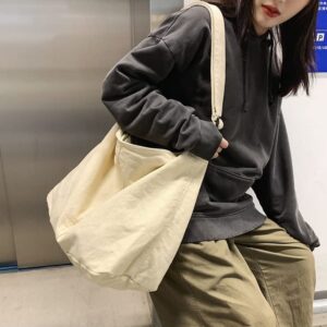 Women's Canvas Shoulder Bag Large Hobo Crossbody Bag Canvas Shoulder Tote Bag for Women and Men Canvas Messenger Bag (Beige White)