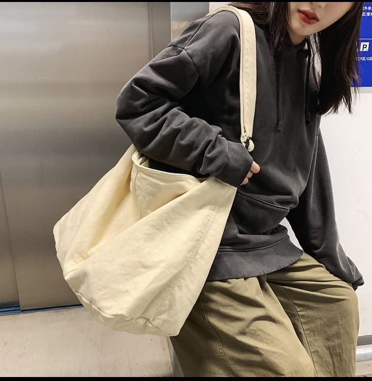 Women's Canvas Shoulder Bag Large Hobo Crossbody Bag Canvas Shoulder Tote Bag for Women and Men Canvas Messenger Bag (Beige White)