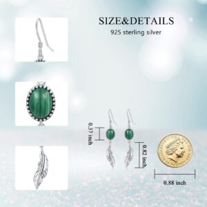 Feather Earrings Genuine Malachite Dangle Hook Earrings Sterling Silver Native American Jewelry for Women Valentine Gift