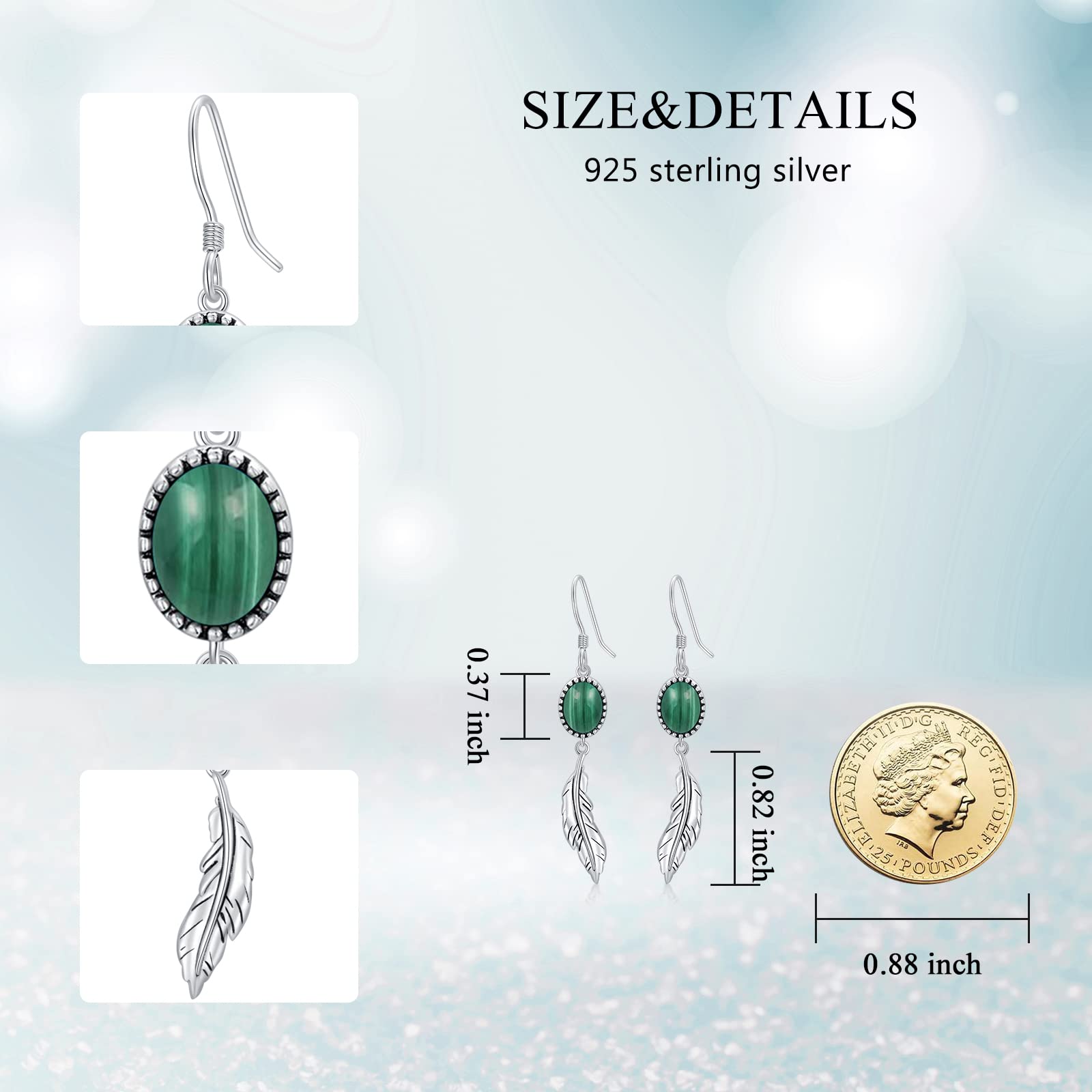 Feather Earrings Genuine Malachite Dangle Hook Earrings Sterling Silver Native American Jewelry for Women Valentine Gift