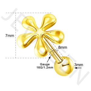 Jewseen 14K Solid Gold Cartilage Earring 16g Helix Earring Flower Cartilage Stud Tragus Piercing Jewelry for Women Conch Earring Stud Earrings Body Piercing Jewelry