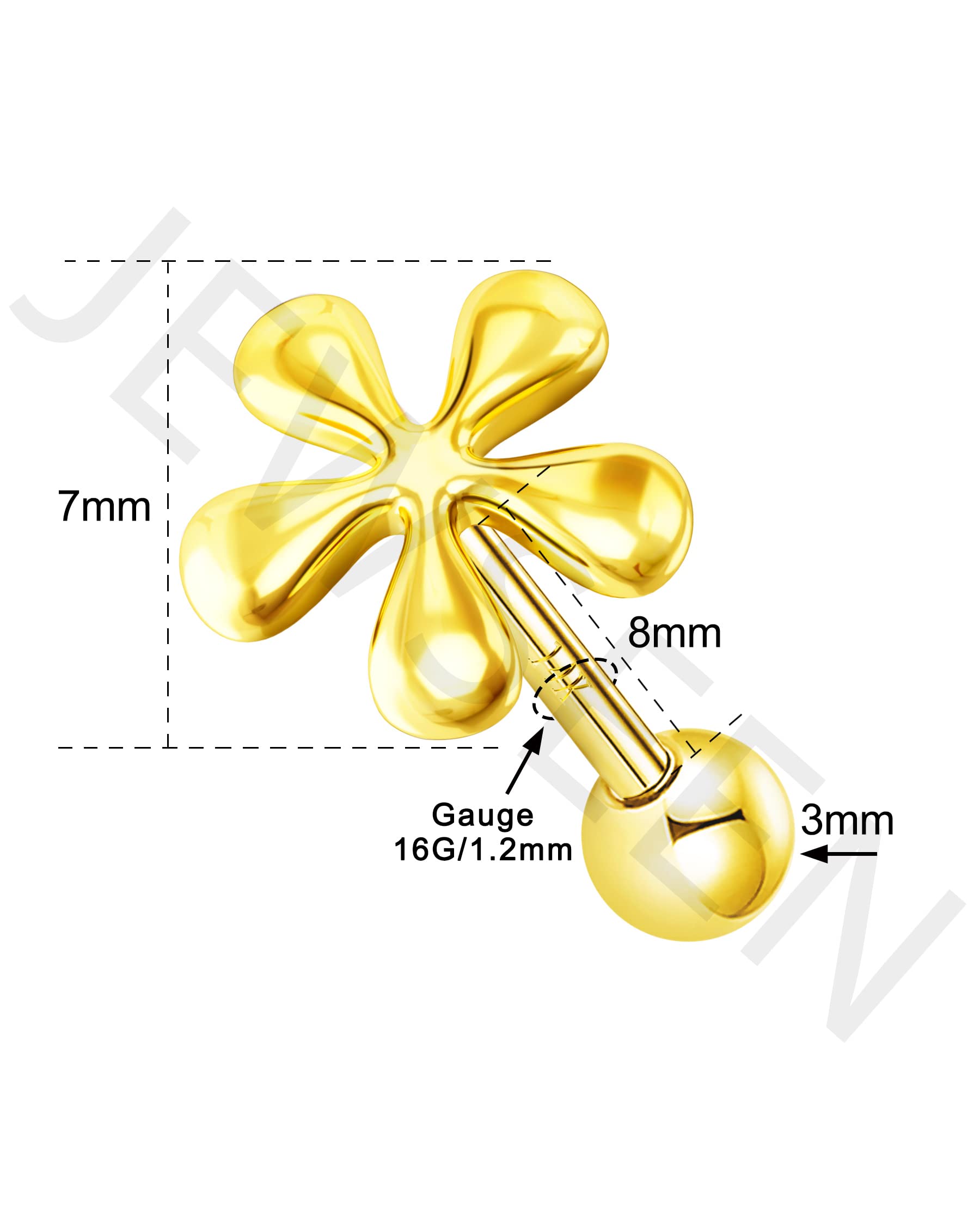 Jewseen 14K Solid Gold Cartilage Earring 16g Helix Earring Flower Cartilage Stud Tragus Piercing Jewelry for Women Conch Earring Stud Earrings Body Piercing Jewelry