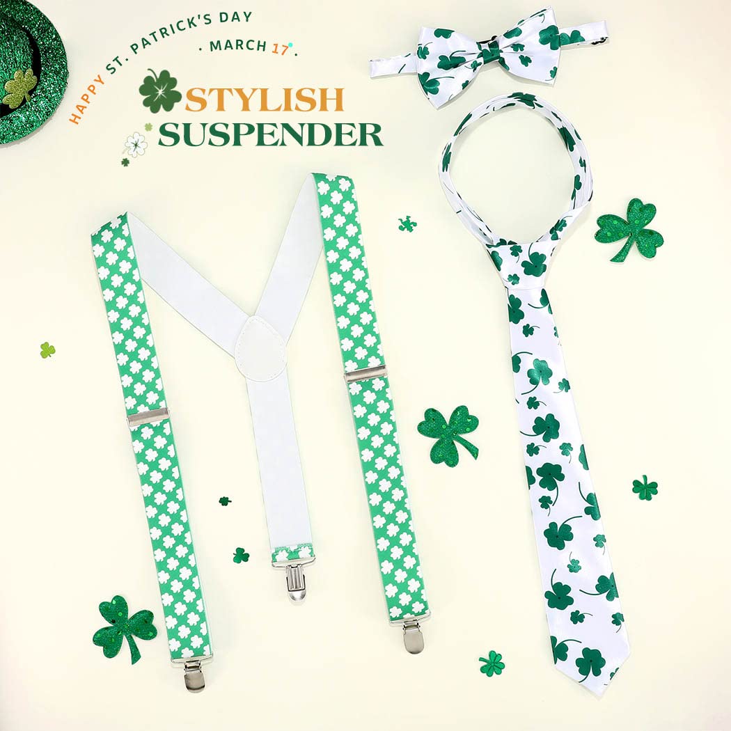 Eyret Green Shamrock Suspender Set St Patricks Day Adjustable Suspenders and Bowtie Irish Clover Necktie Suspenders for Men and Women