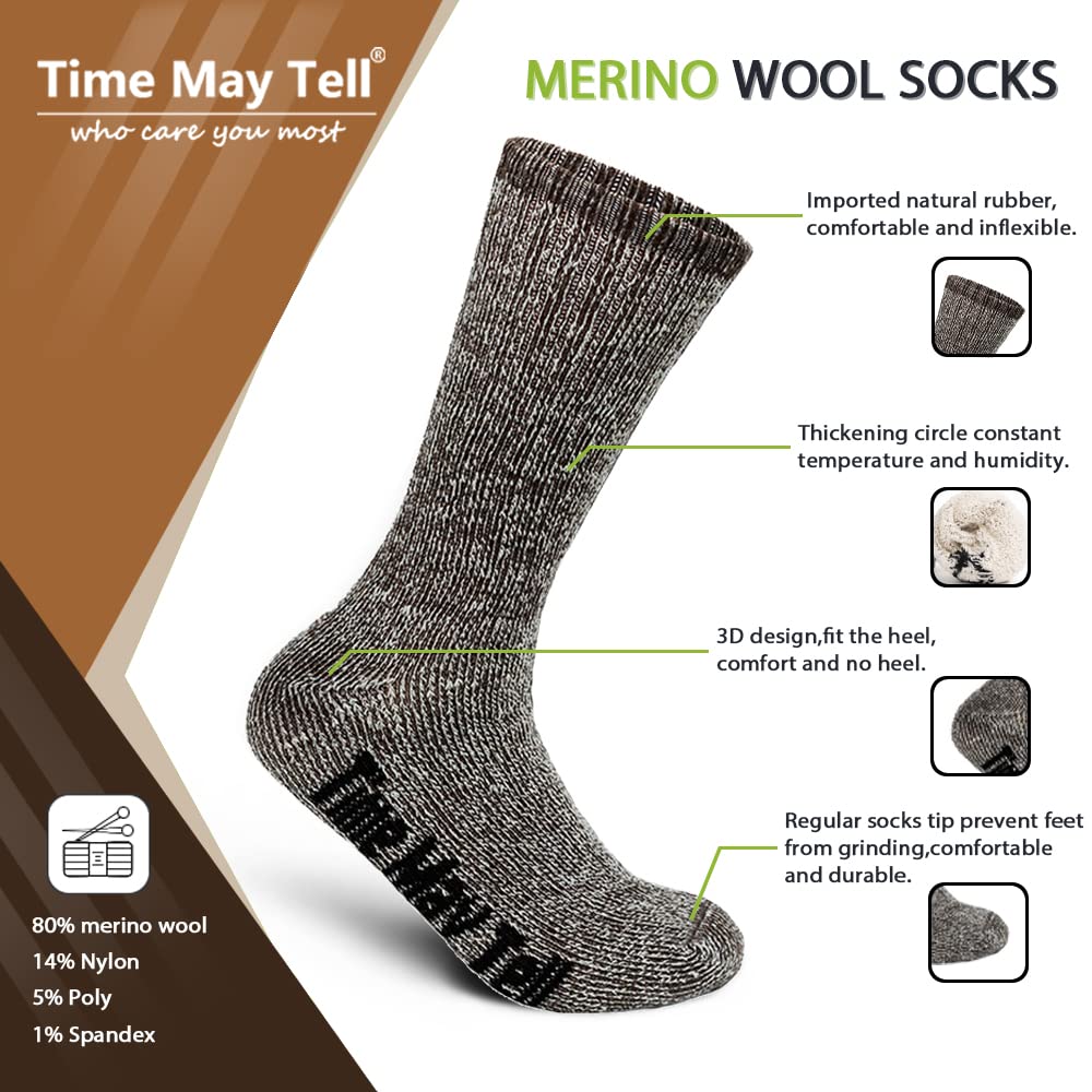 Time May Tell Mens Merino Wool Hiking Cushion Socks Thermal Warm Crew Winter Boot Socks Pack (Dark Grey(3 pairs), US Size 5~9)