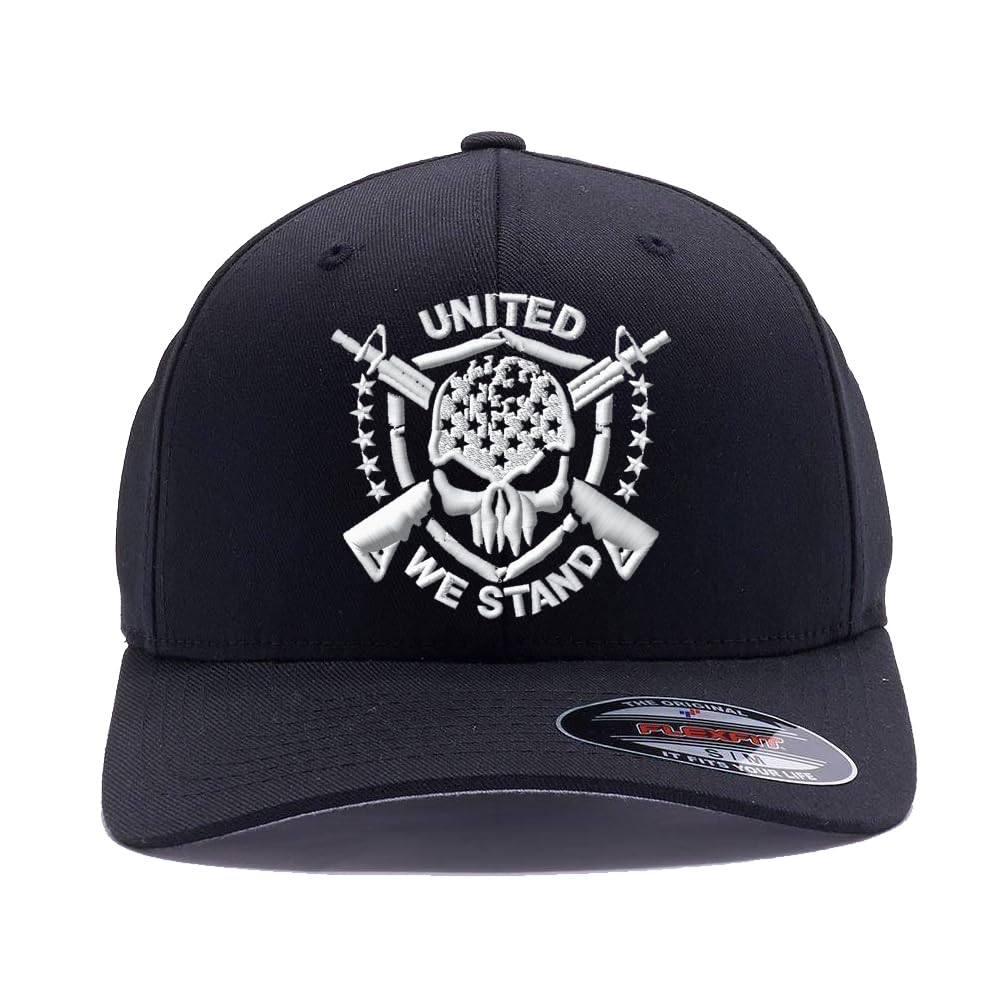 United We Stand, American Warrior Skull Custom Embroidered American Flag 6277 and 6477 Yupoong Flexfit Hat (as1, Alpha, l, x_l, Black)