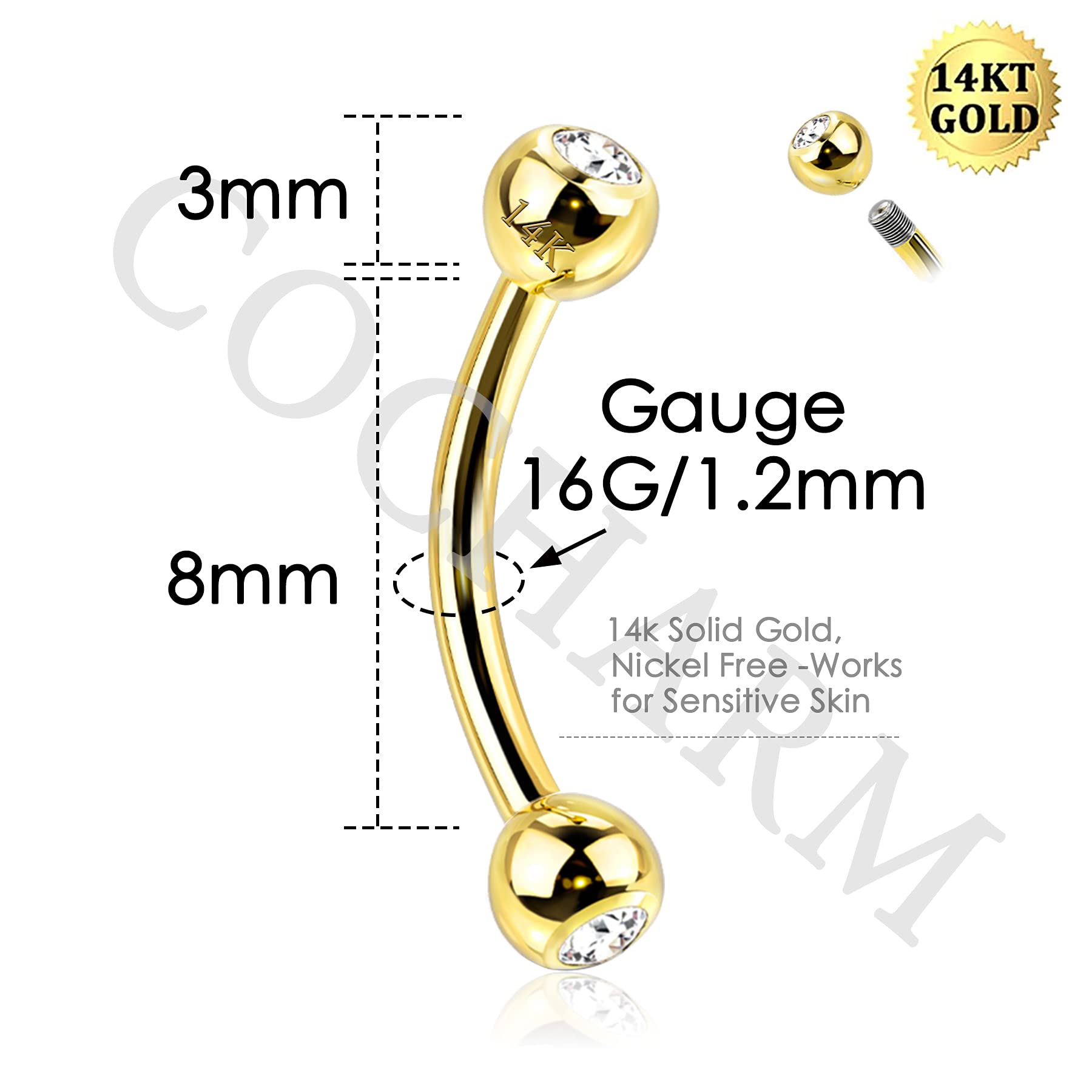 COCHARM 14K Yellow Gold Eyebrow Rings 16g Real Gold Eyebrow Piercing 8mm Solid Gold Eyebrow Barbell 16g Cute Yellow Gold Rook Earrings 14K Gold Rook Barbell