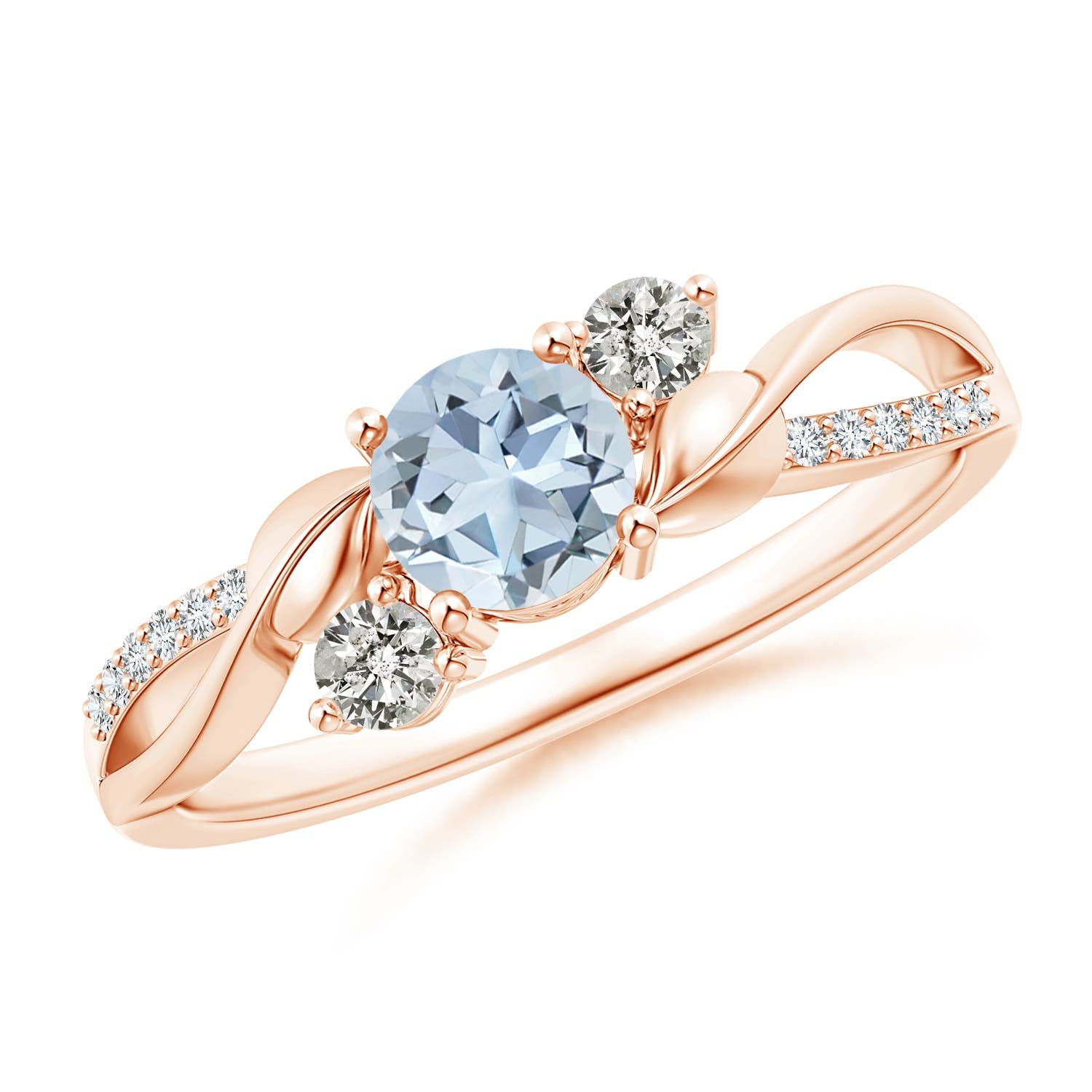 Angara Natural 0.4 Ct Aquamarine and 0.2 Ct Diamond Three Stone Ring for Women in 14K Rose Gold (Grade-AAA | Size-5mm) | March Birthstone, Birthday, Engagement, Anniversary Jewelry Gift For Women