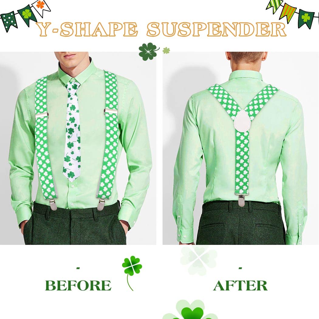 Eyret Green Shamrock Suspender Set St Patricks Day Adjustable Suspenders and Bowtie Irish Clover Necktie Suspenders for Men and Women